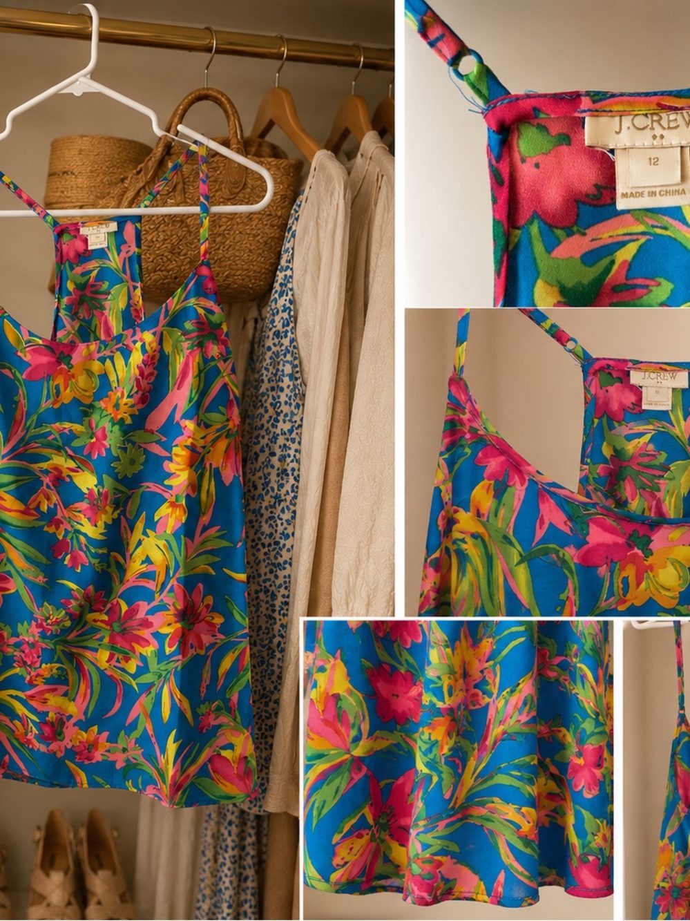 J. Crew Bright Blue Tropical Floral Satin Cami with Pink, Yellow & Green